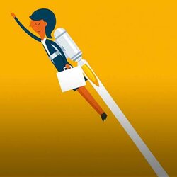 Illustration: handläggare flyger iväg med hjälp av en raket | © Rebecka Rynefelt