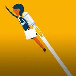Illustration: handläggare flyger iväg med hjälp av en raket | © Rebecka Rynefelt