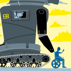 Illustration: pansarvagn knuffar rullstolsburen framför sig
