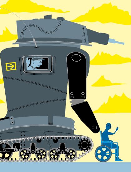 Illustration: pansarvagn knuffar rullstolsburen framför sig