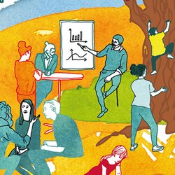 Illustration: många olika aktiva människor under ett stort träd | © Gothia Kompetens